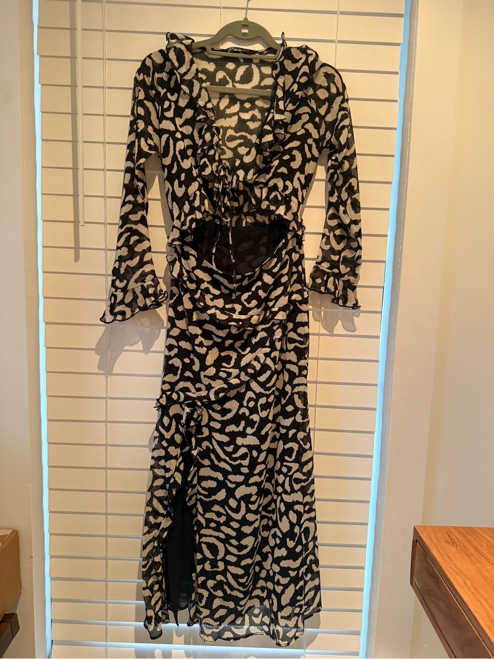 Zara Black and White Animal Print Ruffle Maxi Dress with V-Neck